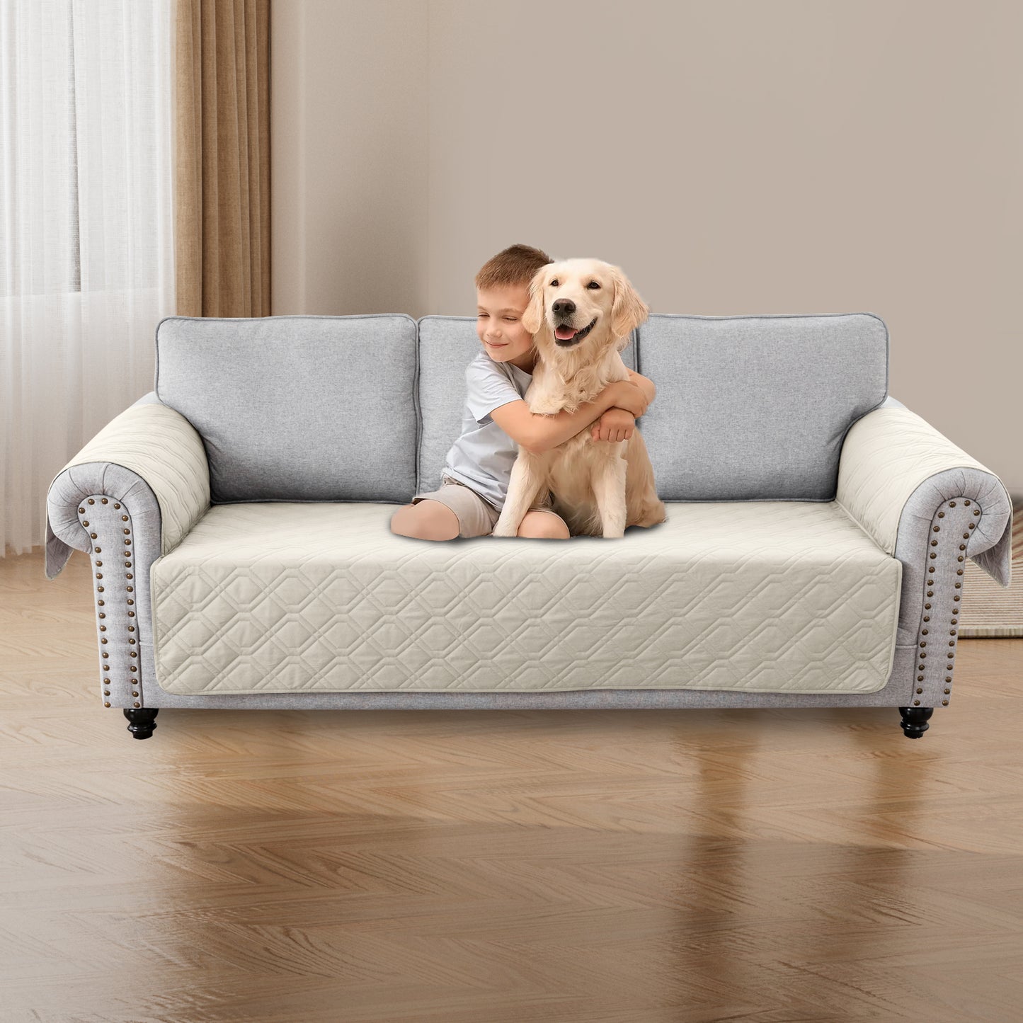 Recliner Sofa Cover Backless  for 1/2/3 Seater with Pocket, Slipcovers Reversible Washable Elastic Adjustable Strap for home,Ivory