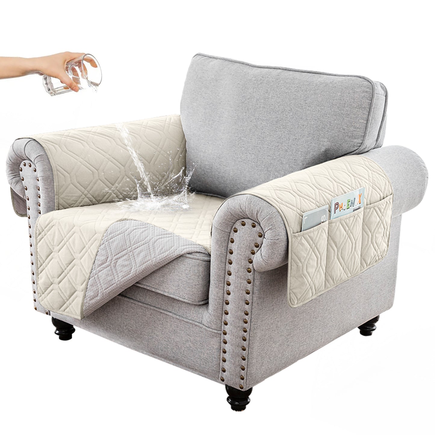 Recliner Sofa Cover Backless  for 1/2/3 Seater with Pocket, Slipcovers Reversible Washable Elastic Adjustable Strap for home,Ivory
