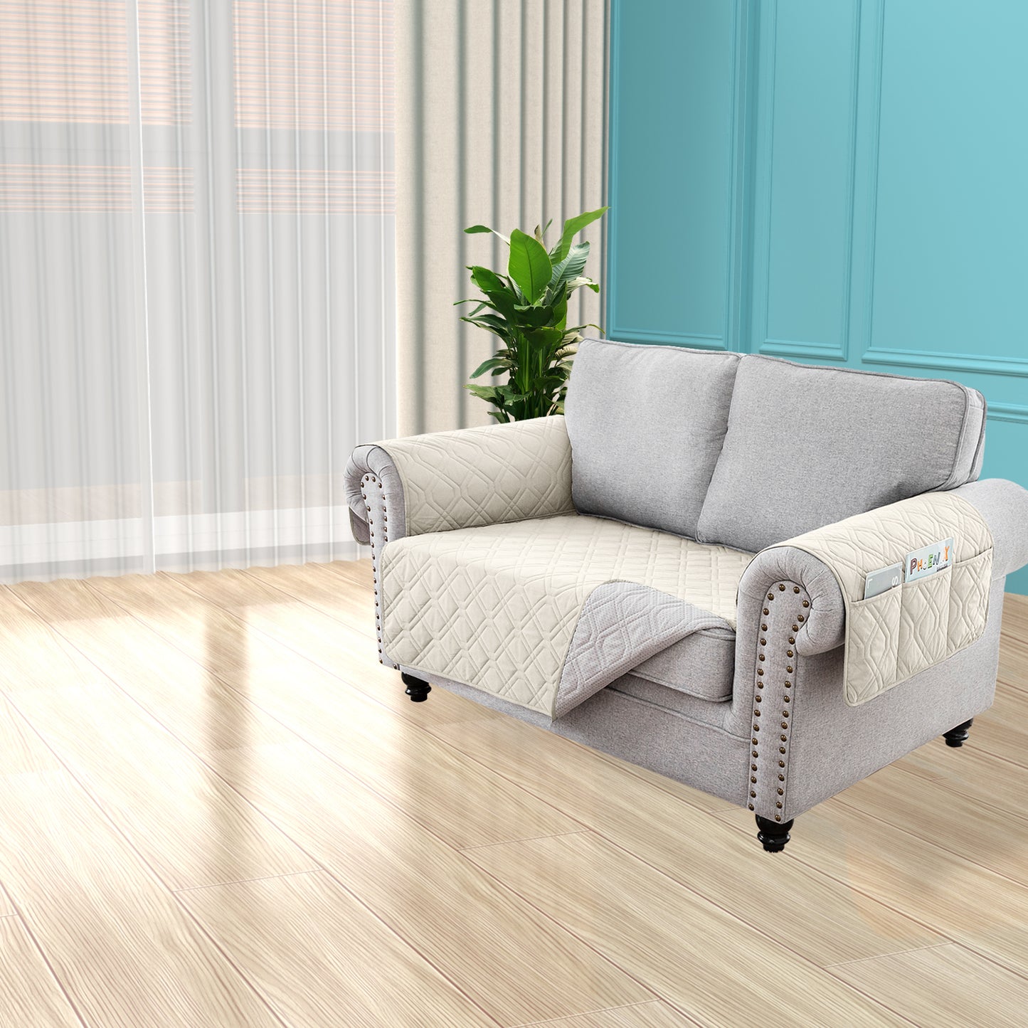 Recliner Sofa Cover Backless  for 1/2/3 Seater with Pocket, Slipcovers Reversible Washable Elastic Adjustable Strap for home,Ivory