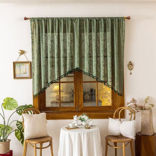 Green Lace Kitchen Curtain Valance Door Panel Rod Pocket Voile Window Treatment Tier for Bathroom Dining Room 1 Panel