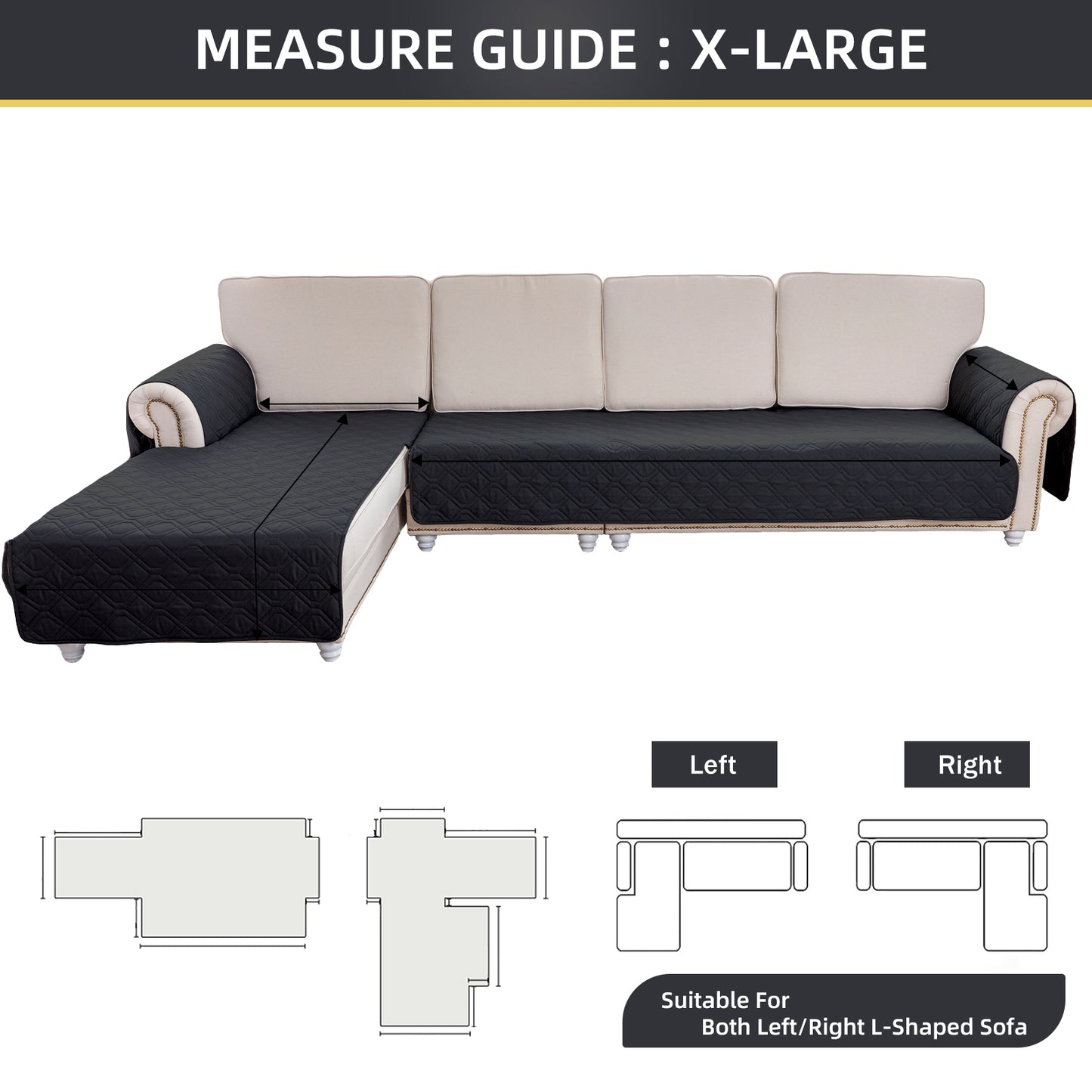L Shape Sectional Couch Covers 2-Piece 100% Waterproof Pet Couch Covers for Sectional Sofa Washable(Left Chaise + 2/3 Seat Sofa, Black)