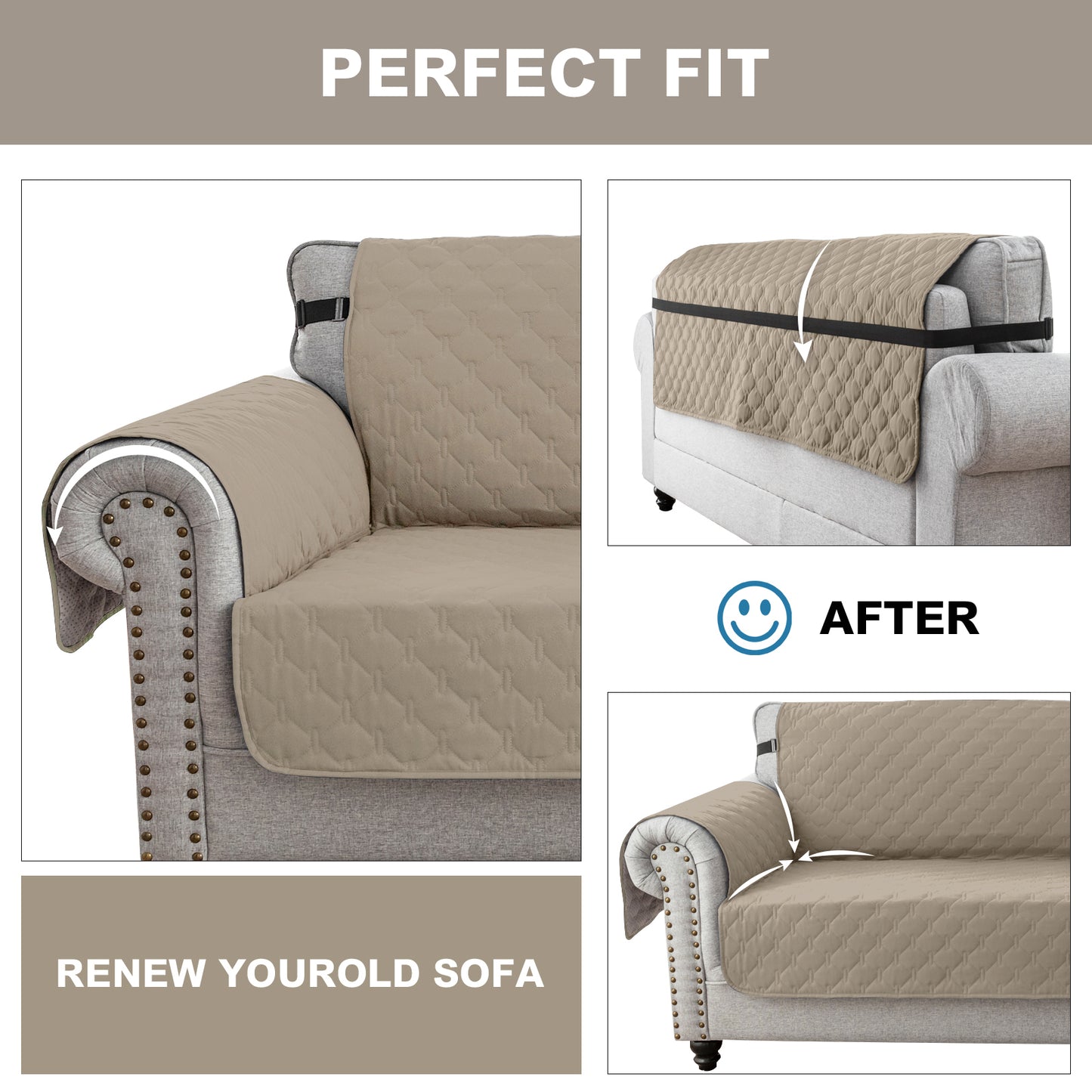 Sofa Slipcover Waterproof Couch Cover Non-Slip Sofa Cover for 1/2/3 Cushion Couch Seamless Whole Piece Fabric Furniture Protector for Pets Kids Children Dog Cat, Khaki
