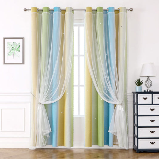 2 Panels Curtains for Kids Girls Bedroom Aesthetic Living Room Decor Colorful Double Layer, Star Cut Out Stripe Rainbow Window ,Green/Yellow