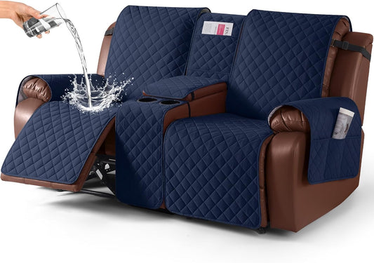 100%Waterproof  with Console, Non-Slip Reclining Couch Covers for 2 Seat, Recliner Sofa Cover Furniture Protector with Elastic Straps for Kids, Pets,Navy