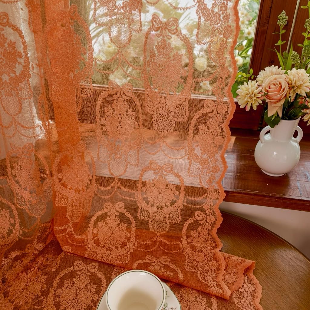 Burnt Orange Lace French Delicacy Curtains -Rod Pocket Luxury Vintage Bow Butterfly Flower Sheer Lace Curtains for Living Room Bedroom