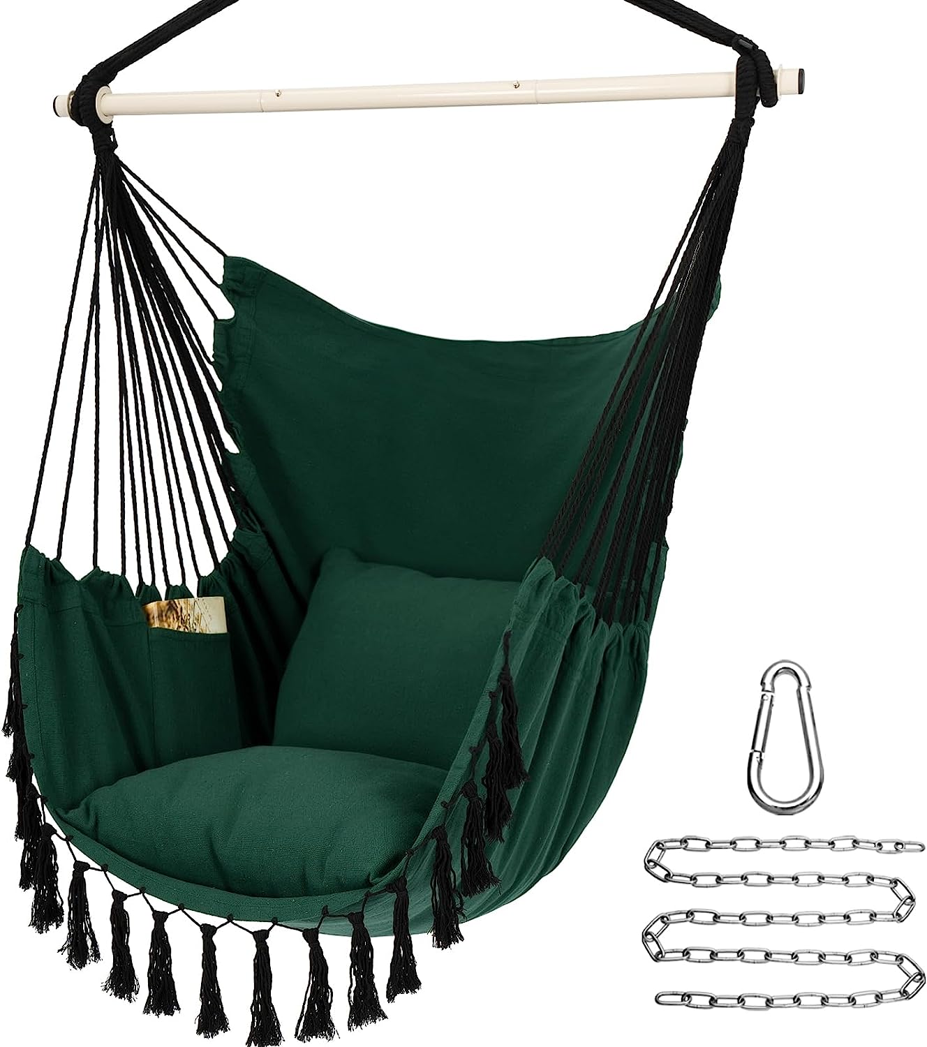 Hammock Chair Hanging Rope Swing, Large Hanging Chair with Pocket and tassels,Cushions for Superior Comfort, with Hardware Kit (GREEN)