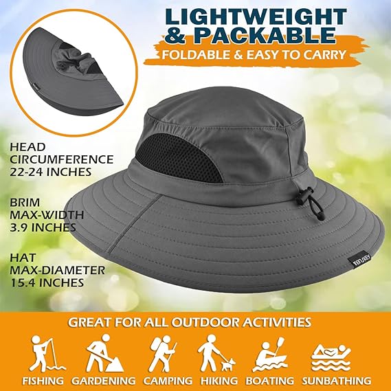 Unisex Sun Hat, Waterproof Wide Brim Bucket Hat Packable Boonie Hat for Fishing Hiking Gardening Safari Beach,Dark Grey