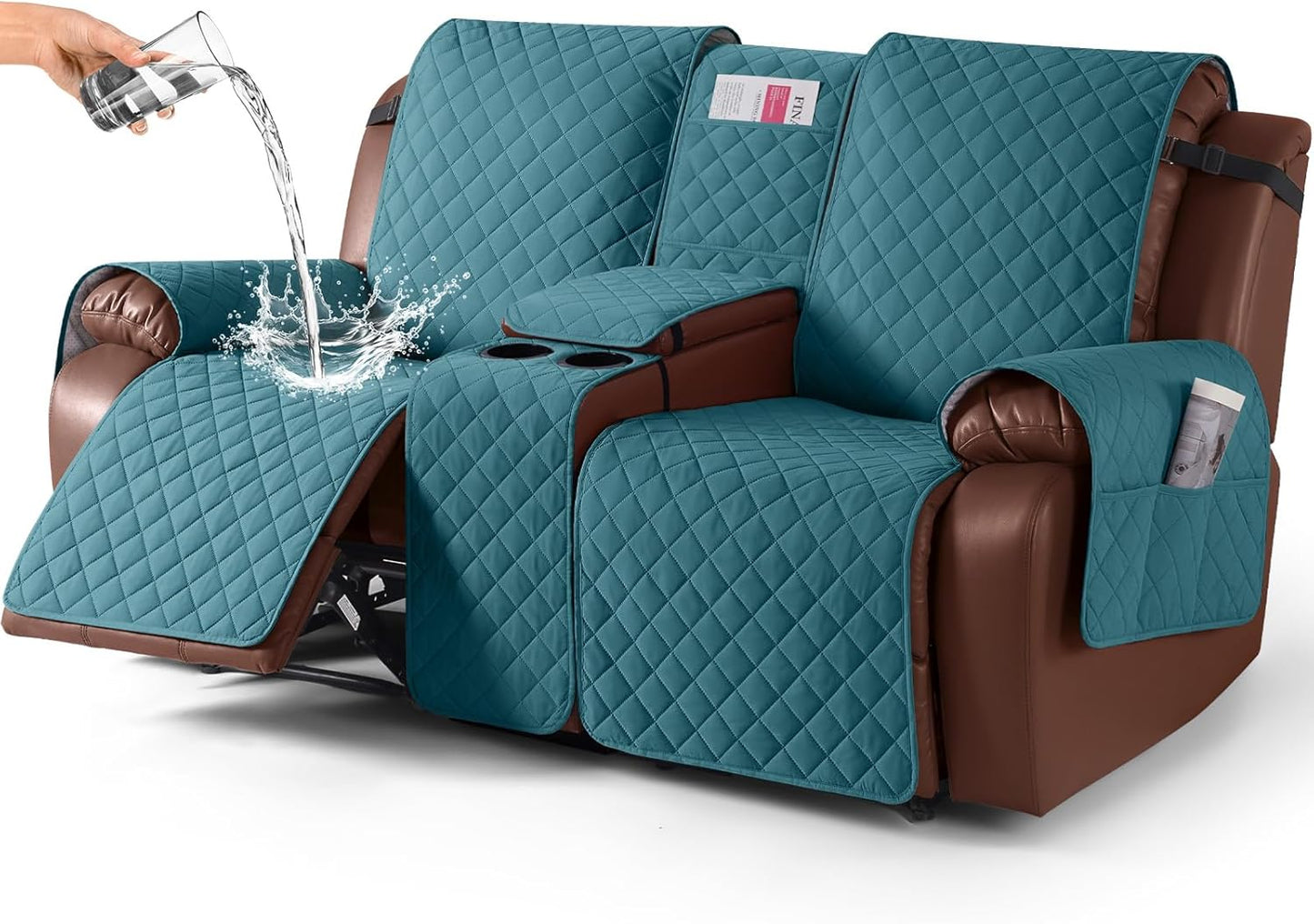 100%Waterproof  with Console, Non-Slip Reclining Couch Covers for 2 Seat, Recliner Sofa Cover Furniture Protector with Elastic Straps for Kids, Pets,Deepteal