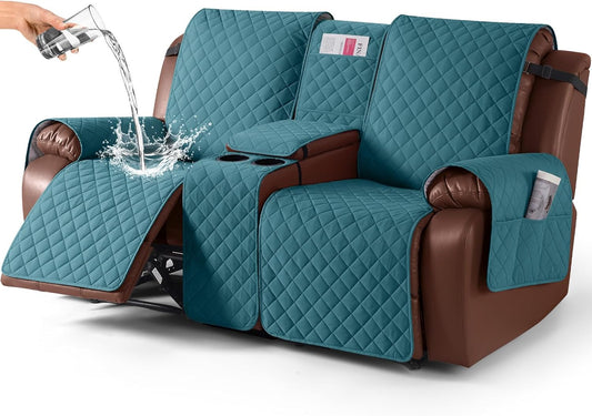 100%Waterproof  with Console, Non-Slip Reclining Couch Covers for 2 Seat, Recliner Sofa Cover Furniture Protector with Elastic Straps for Kids, Pets,Deepteal
