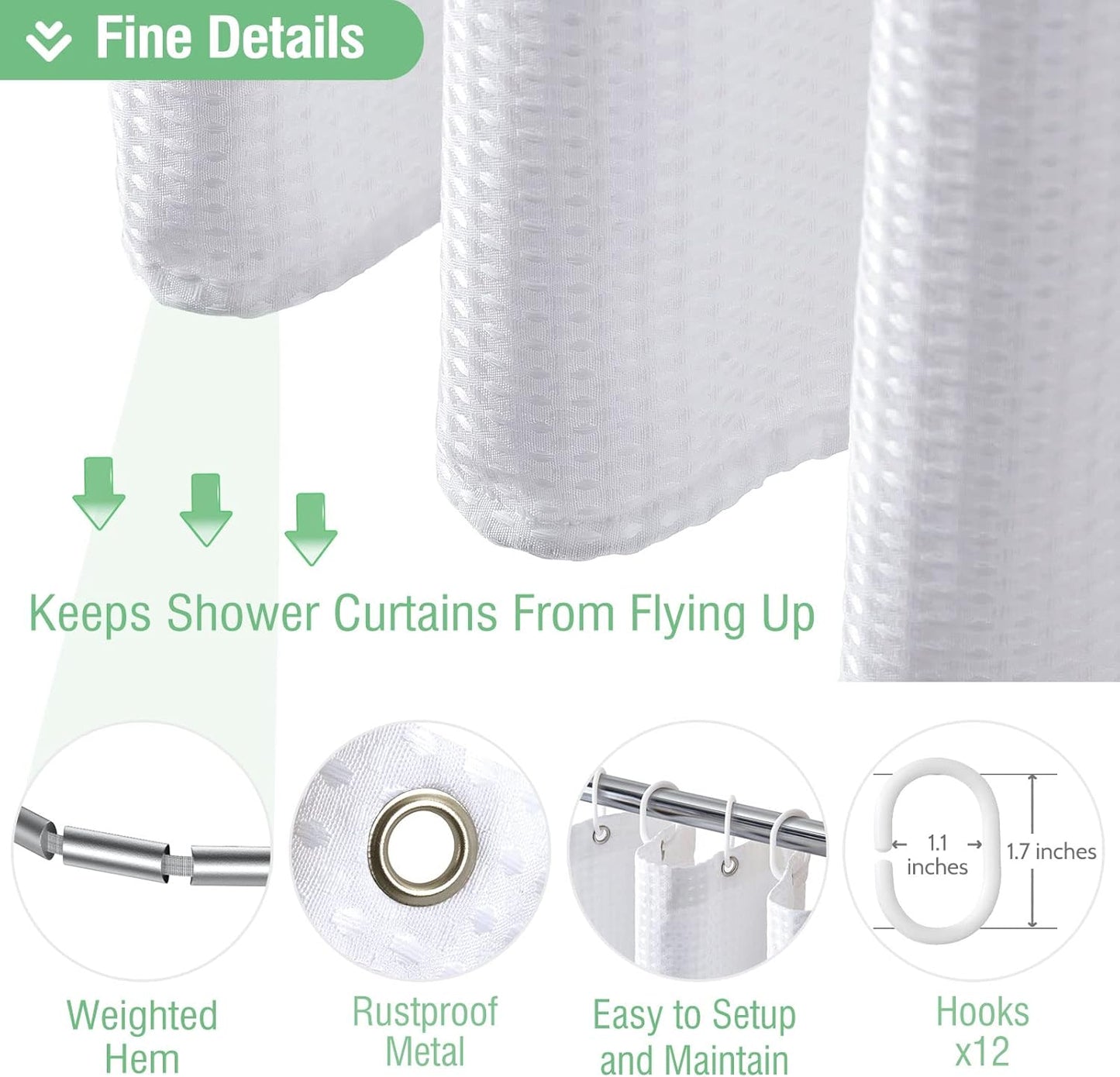Fabric Shower Curtain - Waffle Weave Weighted Thick Cloth Shower Curtains for Bathroom, Hotel Spa Luxury Bath Curtain Set with 10 Hooks,White