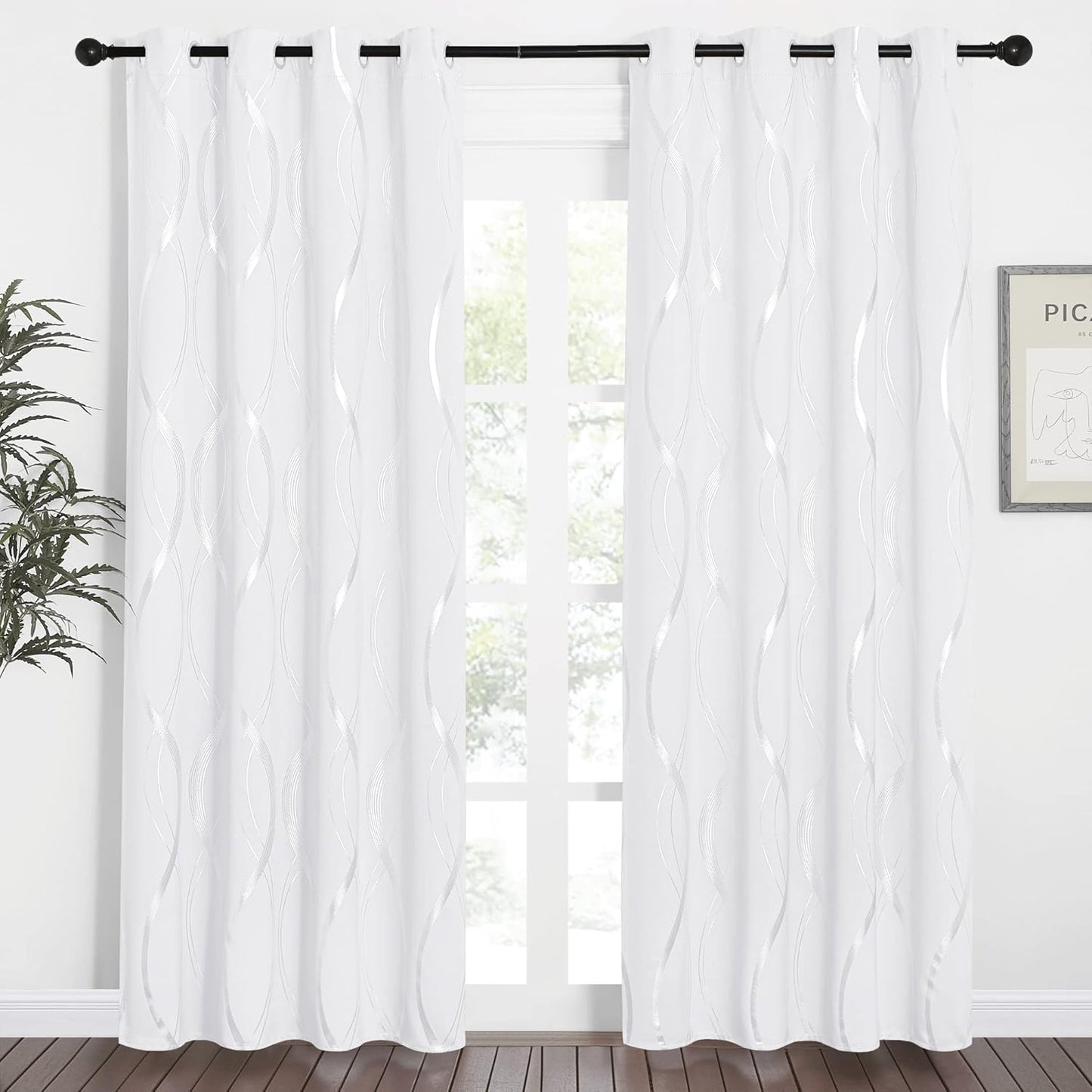 Silver Wave Print Blackout Curtains - Thermal Insulated & Noise‑Reducing Grommet Drapes for Bedroom & Living Room,  2 Panels ,White