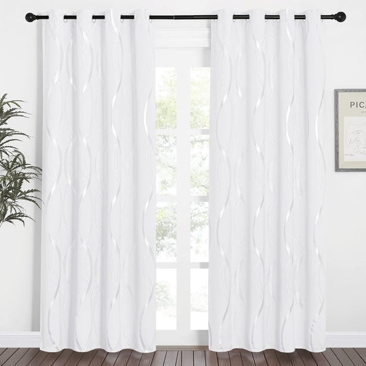 Silver Wave Print Blackout Curtains - Thermal Insulated & Noise‑Reducing Grommet Drapes for Bedroom & Living Room,  2 Panels ,White