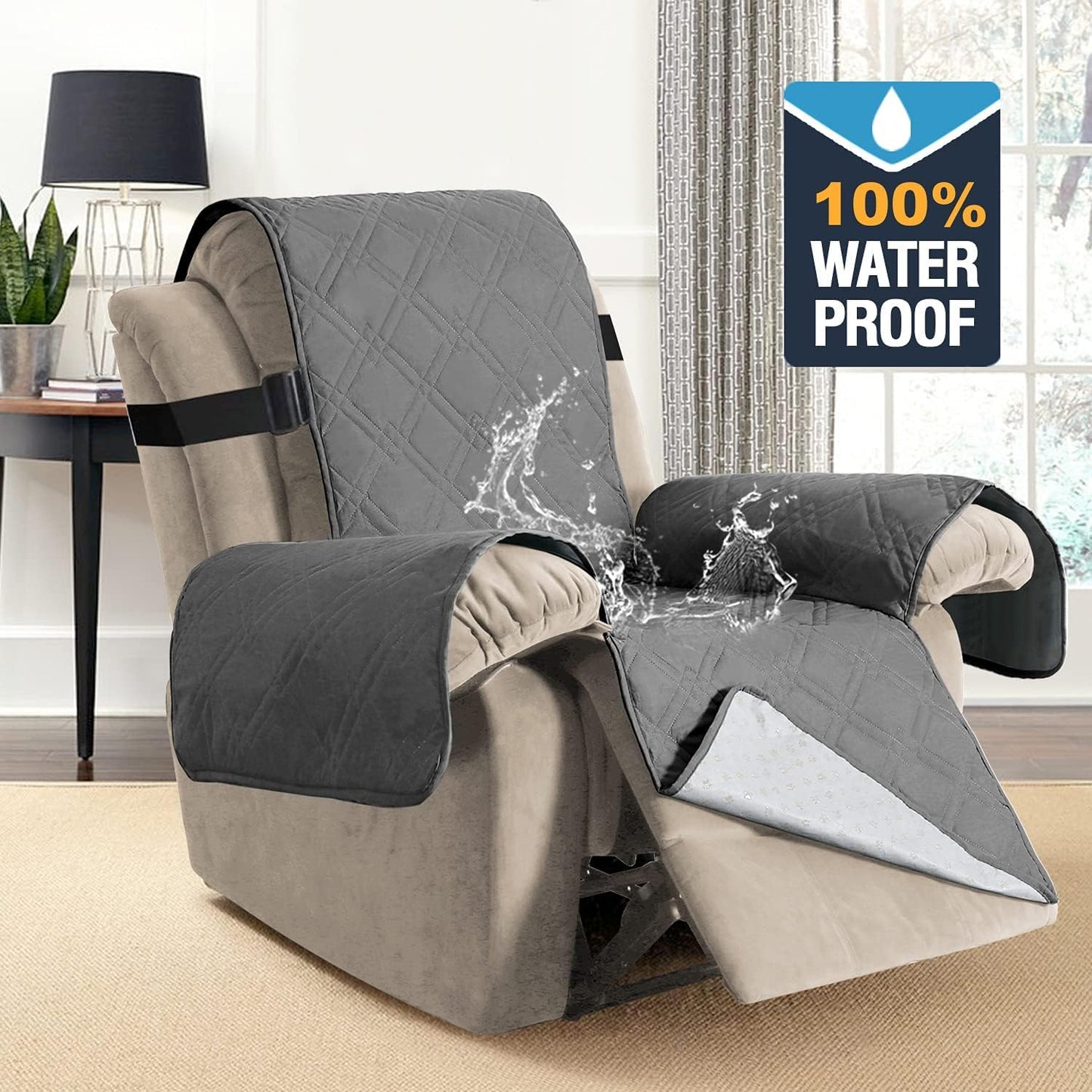 100% Waterproof ,Non-Slip Reclining Cover for Recliner Chair Washable Chair Cover Furniture Protector with Elastic Straps for pet ,kid ,Grey