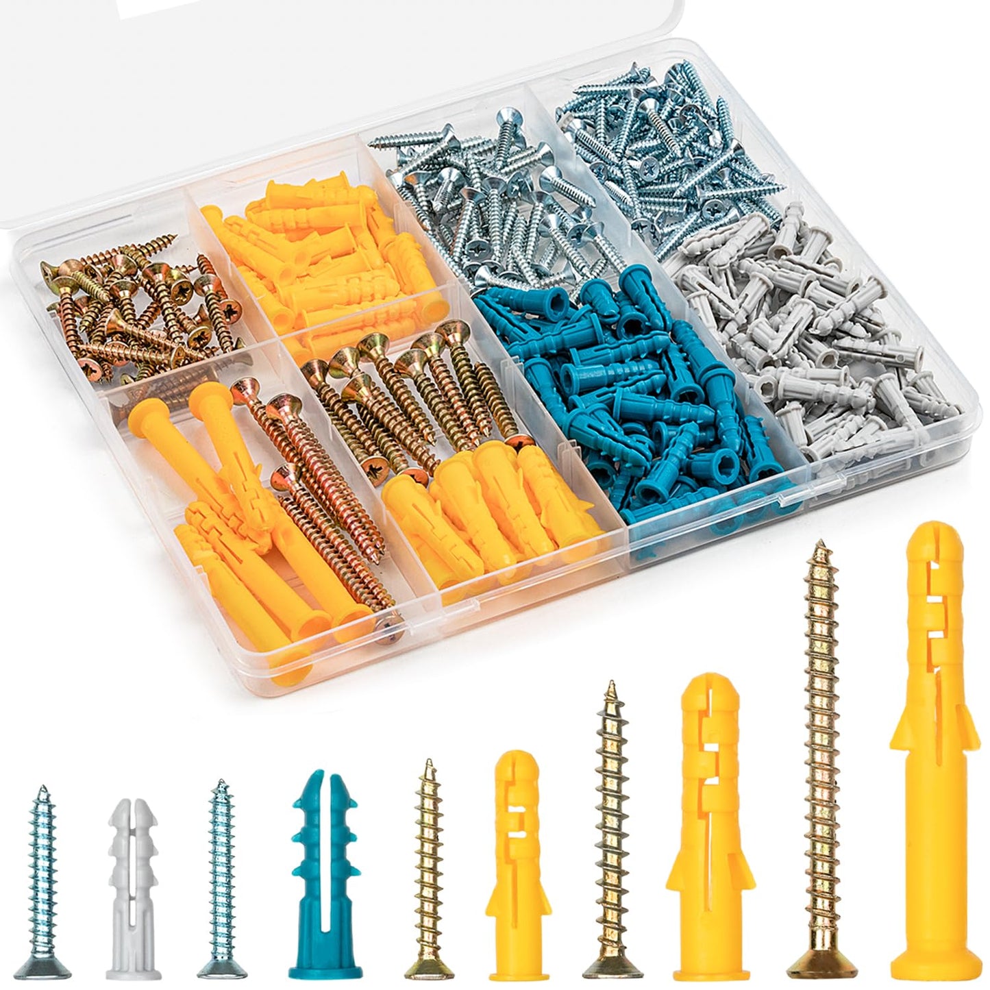 Drywall Anchors and Screws Assortment Kit, Expansion Anchors and Phillips Flat Head Wood Screws, 5 Sizes Wall Hanging Kit, Replaces Picture Nails