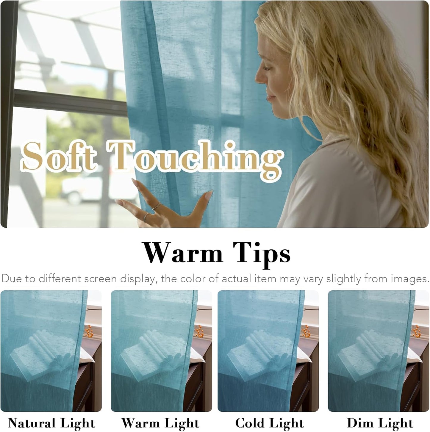Natural Linen Sheer Curtains 2 Panels, Rod Pocket Semitransparent Semi-Sheer Soft Comfort Privacy Drapes,Stone Blue