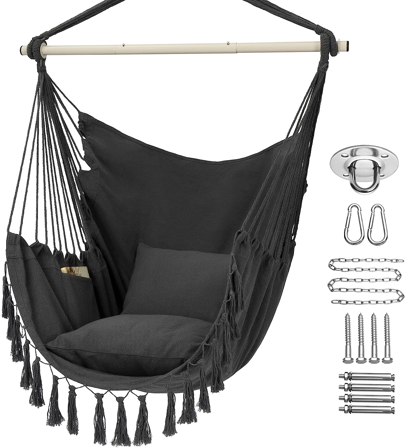 Hammock Chair Hanging Rope Swing, Large Hanging Chair with Pocket and tassels,Cushions for Superior Comfort, with Hardware Kit (Dark Grey)