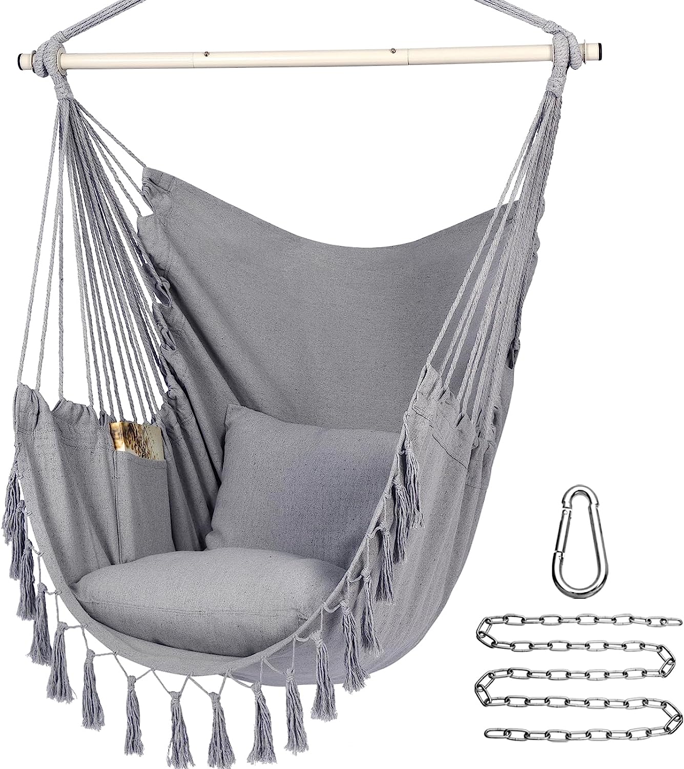Hammock Chair Hanging Rope Swing, Large Hanging Chair with Pocket and tassels,Cushions for Superior Comfort, with Hardware Kit (Light Grey)