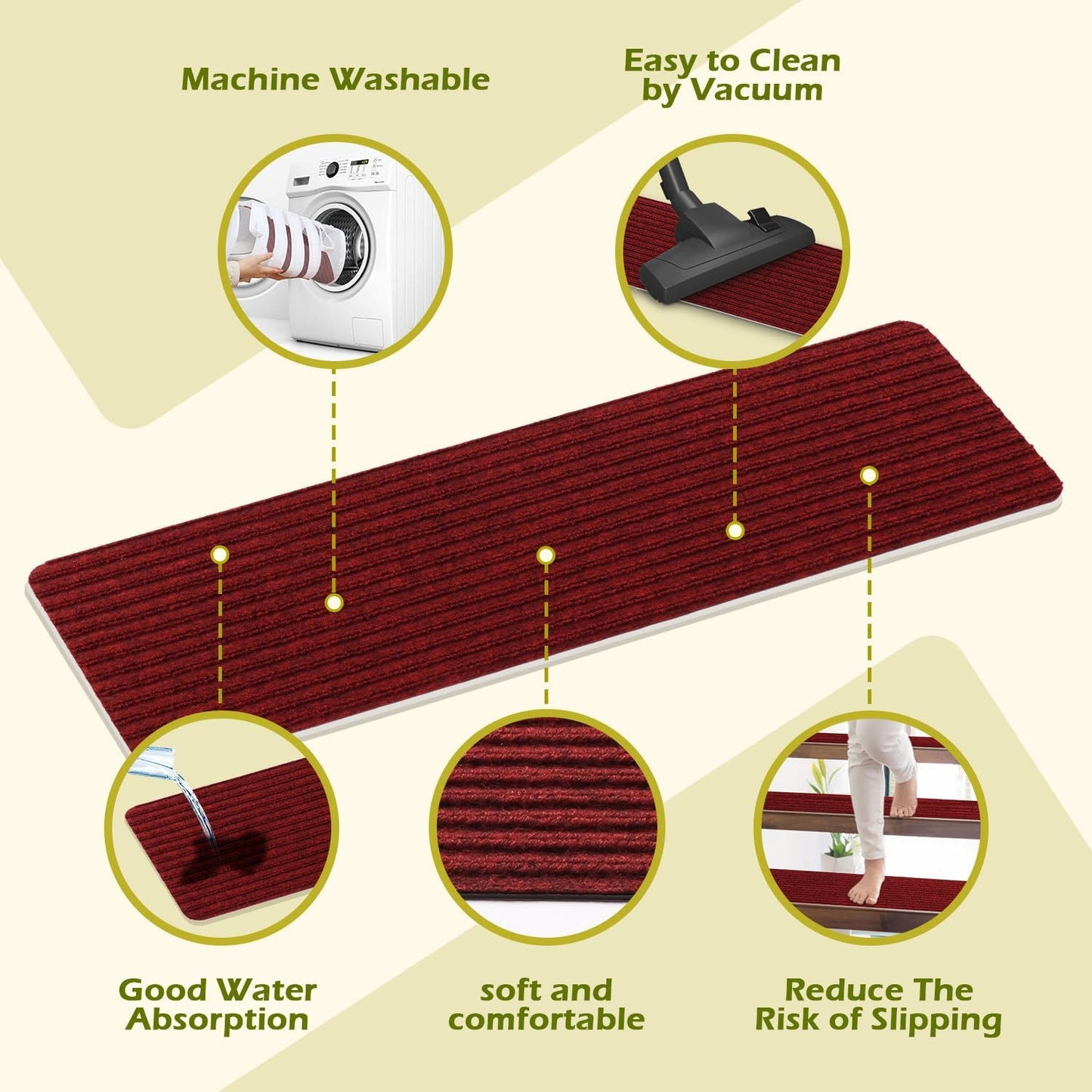 Stair Treads Carpet Non-Slip Indoor Stair Runners for Wooden Steps, Stair Rugs for Kids and Dogs, Set of 15, 8" X 30", Burgundy