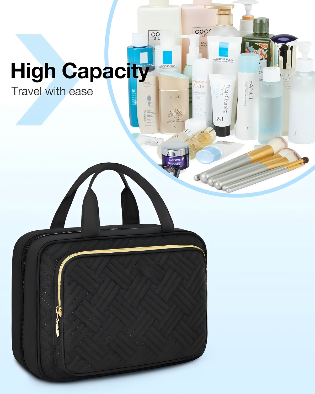 Toiletry Bag Hanging Travel Makeup Organizer, Transparent Cosmetic Bag Makeup Bag for Full Sized Toiletries, Black