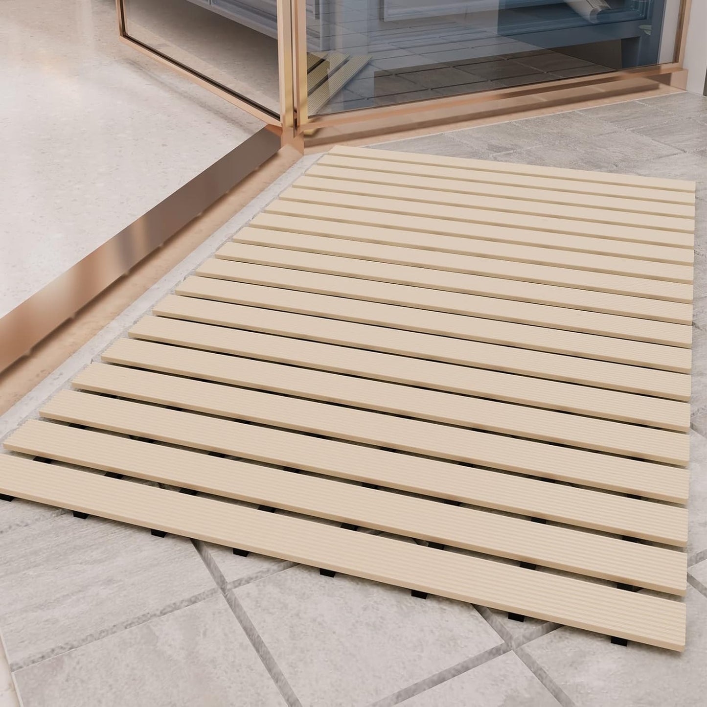 Shower-Mat Non Slip, Heavy Duty Bathtub-Mat Curlable Quick Drain Sturdy Bath Tub Mat Without Suction Cups for Indoor Outdoor Use, Beige