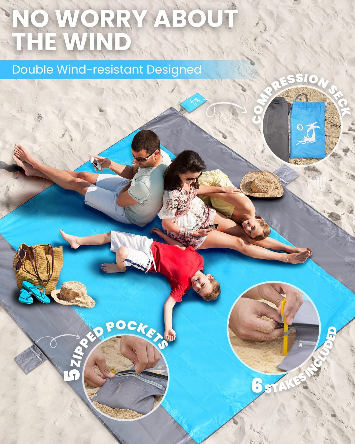 Extra Large Beach Blanket Waterproof Sandproof with 4 Stakes, Easy to Clean, Lightweight ,Fast