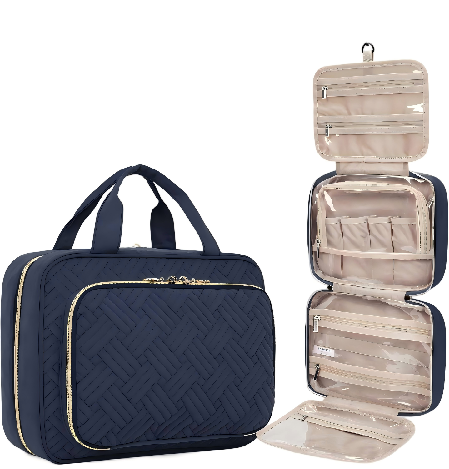 Toiletry Bag Hanging Travel Makeup Organizer, Transparent Cosmetic Bag Makeup Bag for Full Sized Toiletries,Navy