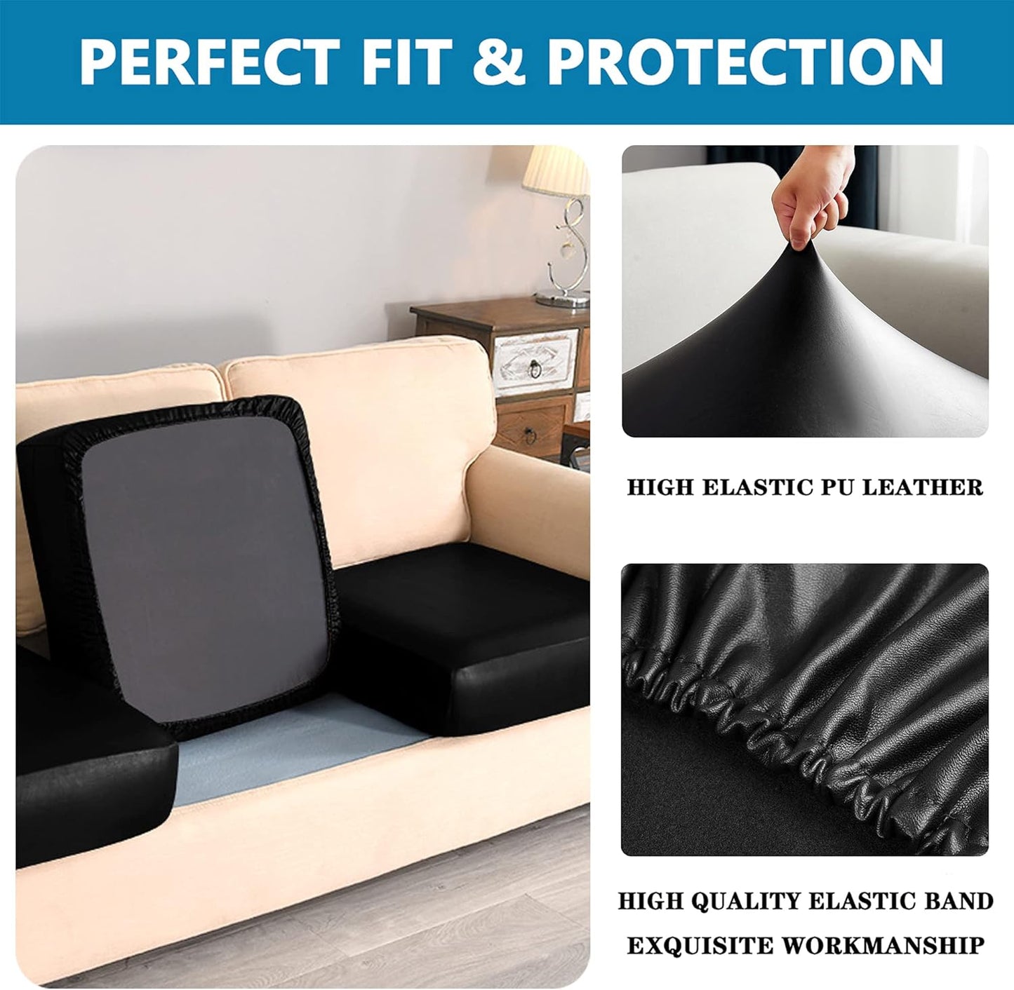 Waterproof PU Sofa Cushion Covers, Leather RV Chair Seat Slipcover with Elastic Bottom Furniture Protector for Settee Seater Replacement, Washable,Black