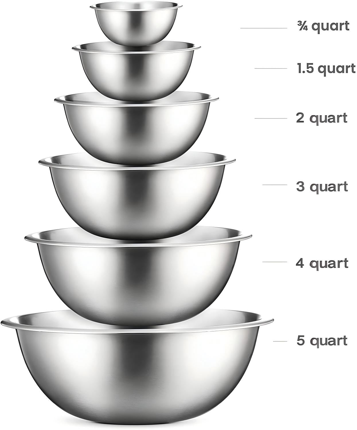 Stainless Steel Mixing Bowls (Set of 6) - Easy To Clean, Nesting Bowls for Space Saving Storage, Great for Cooking, Baking, Prepping