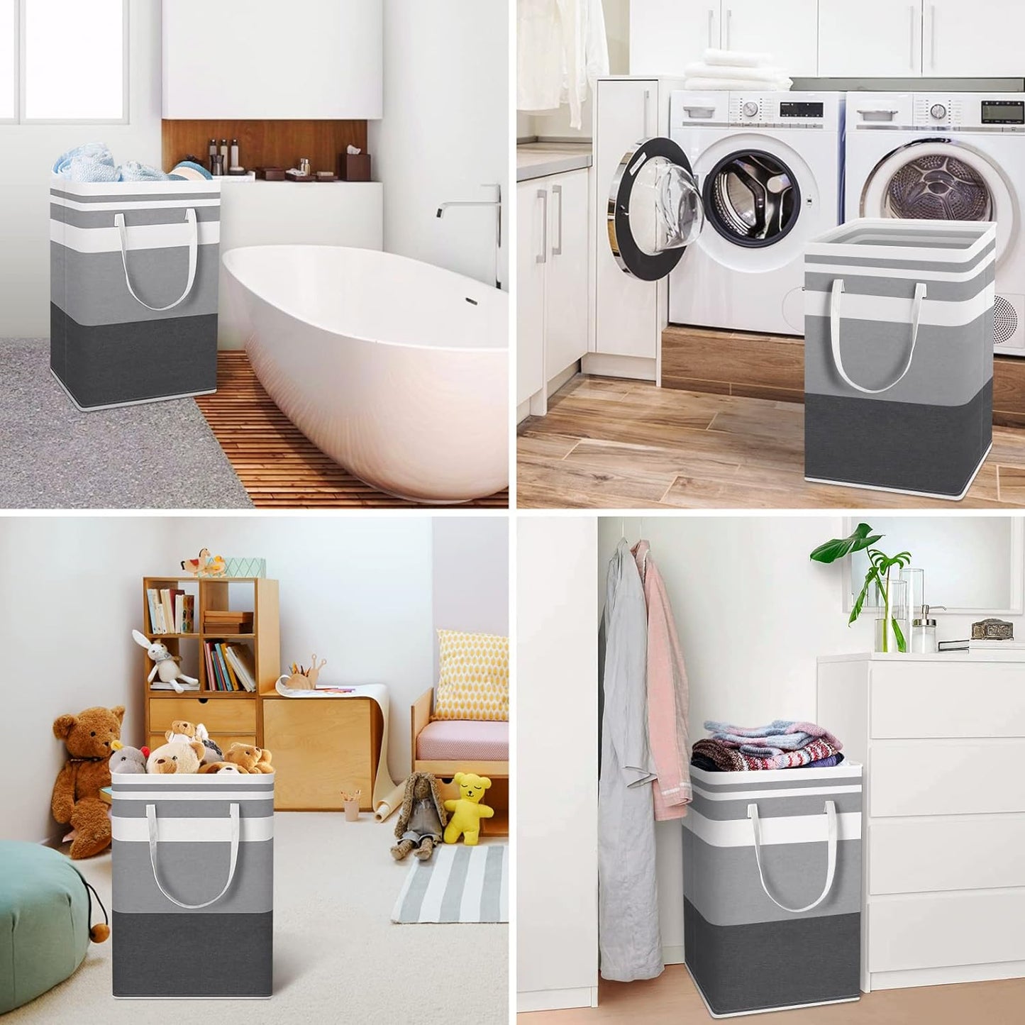 2-Pack Large Laundry Basket, Waterproof, Freestanding Laundry Hamper, Collapsible Tall Clothes Hamper with Extended Handles for Clothes Toys (Grey)