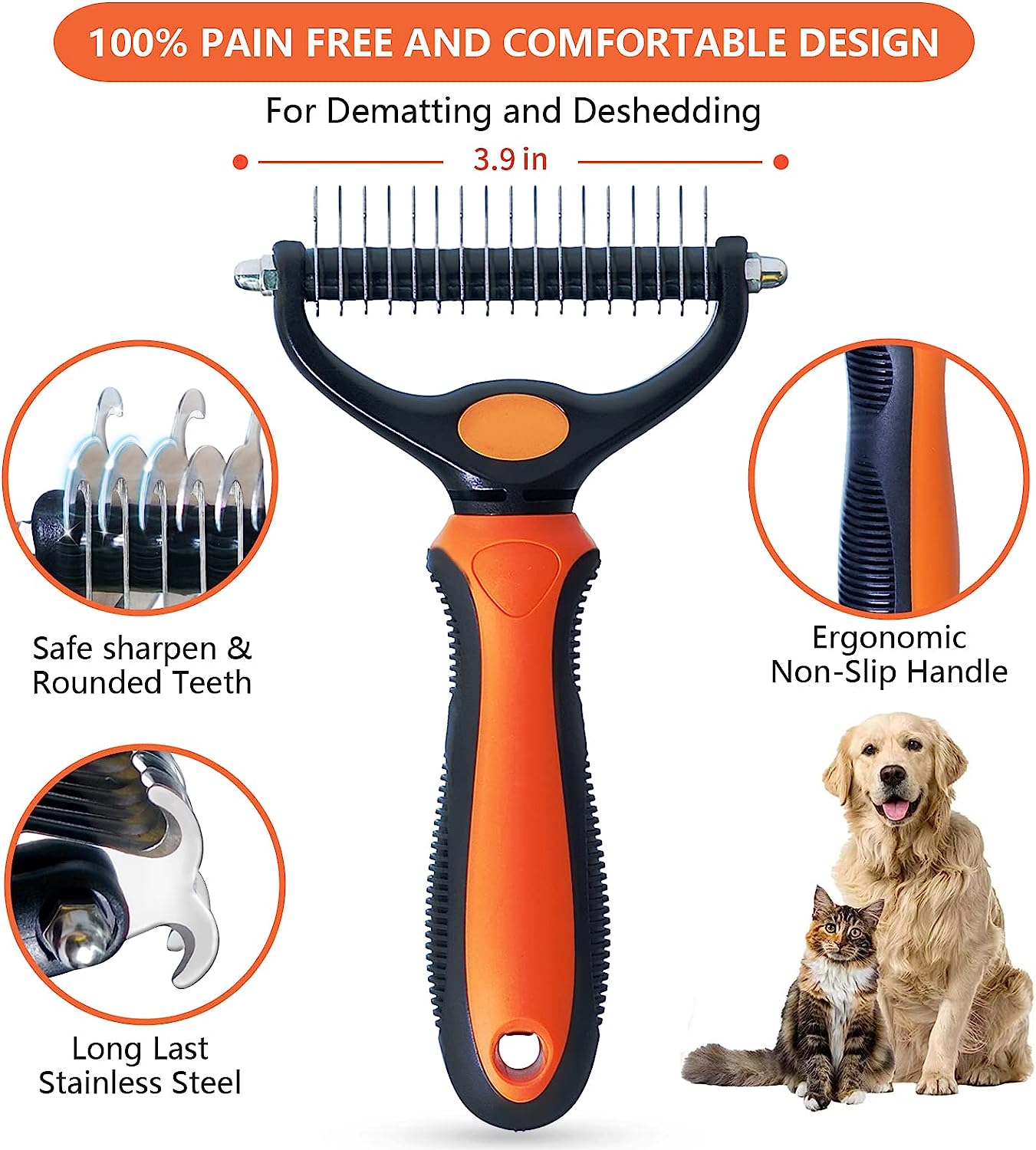 Pet Grooming Brush - Double Sided Shedding and Dematting Undercoat Rake Comb for Dogs and Cats,Extra Wide, Orange