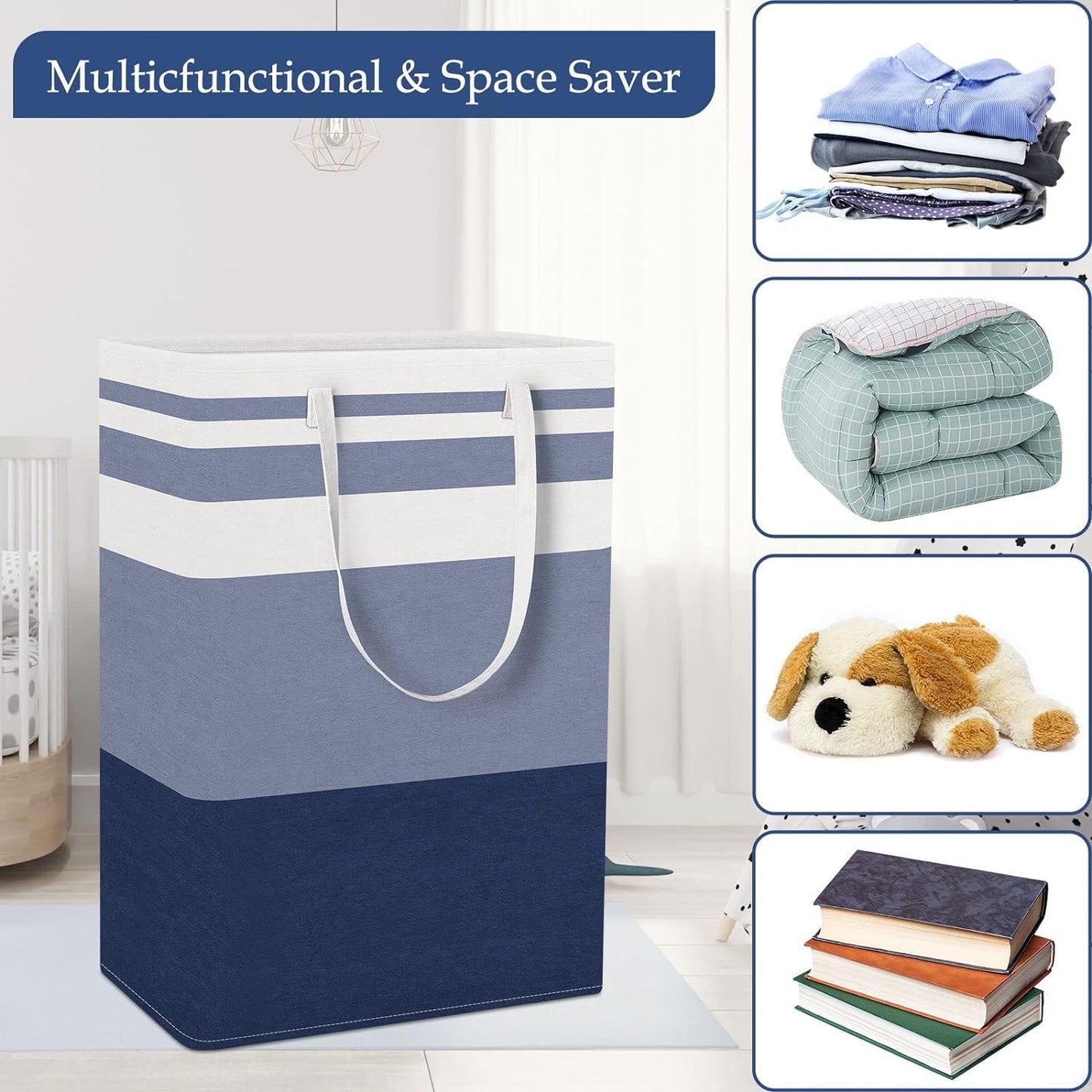 2-Pack Large Laundry Basket, Waterproof, Freestanding Laundry Hamper, Collapsible Tall Clothes Hamper with Extended Handles for Clothes Toys (Blue)