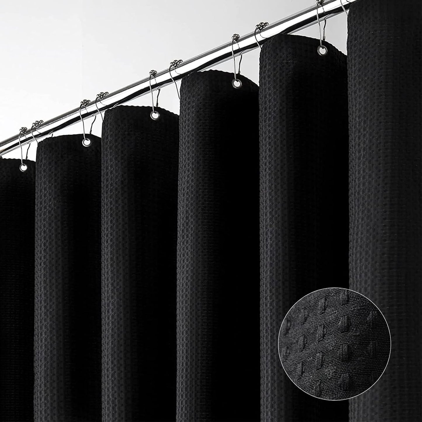 Fabric Shower Curtain - Waffle Weave Weighted Thick Cloth Shower Curtains for Bathroom, Hotel Spa Luxury Bath Curtain Set with 10 Hooks,Black