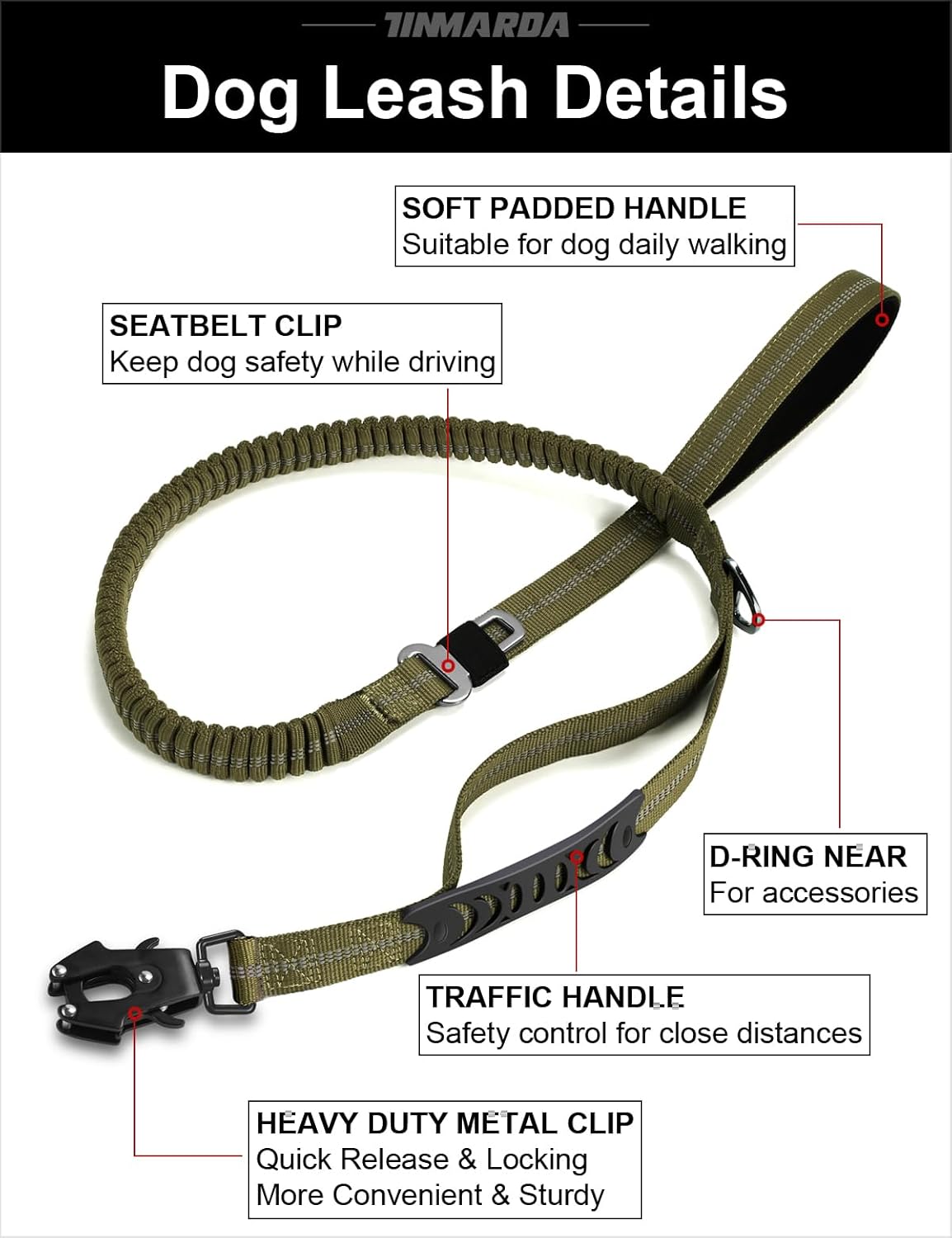 Heavy Duty Dog Leash, 4-6FT Shock Absorbing Dog Leashes with Traffic Handle and Comfortable Padded Handles, Advanced Easy Metal Clip, No Pull Reflective Leash for Medium Large Dogs,Army green