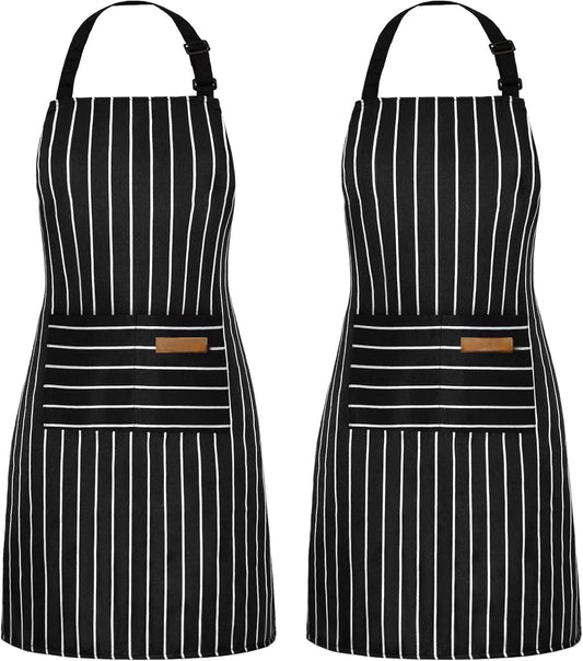 2 Pack Kitchen Cooking Aprons, Adjustable Bib Soft Chef Apron with 2 Pockets for Men Women(Black/Black)