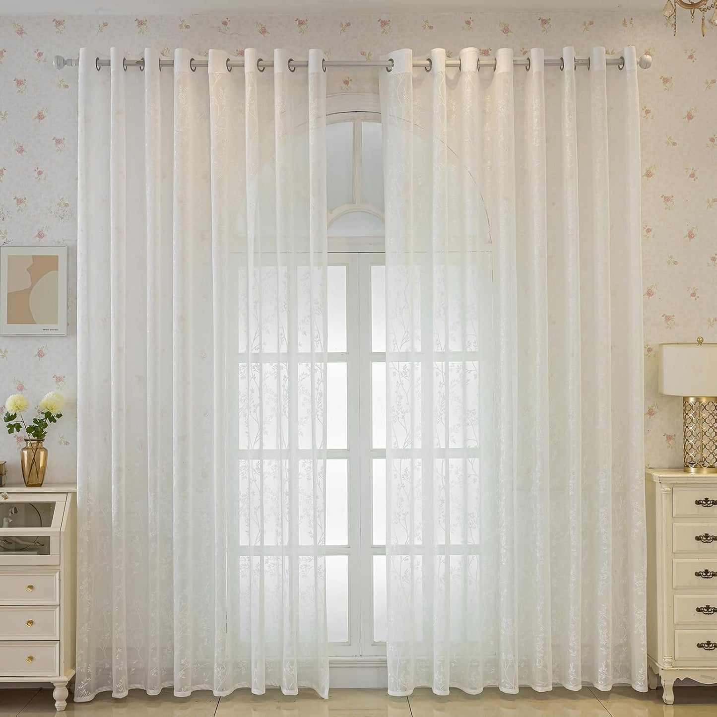 White Lace Sheer Curtains, Farmhouse Leaf Jacquard Grommet Window Curtain for Living Room/Bedroom, Voile Sheer Panel Drapes