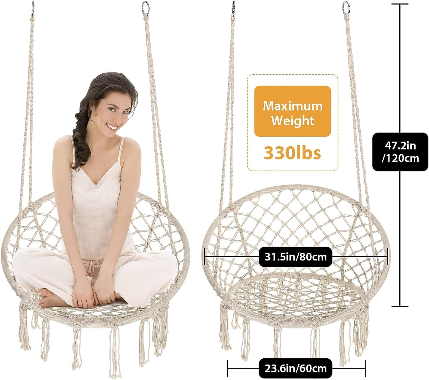 Macrame Hammock Hanging Rocking Chair, Suitable for Bedroom, Outdoor, Children, Adults, Huge Load-bearing Capacity（Beige）