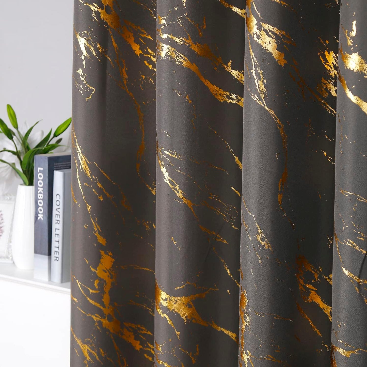 90% Blackout Curtains 2 Panels, Gold Marble Patterned Blackout Curtains Thermal Insulated Room Darkening Drapes for Living Room ,Grey