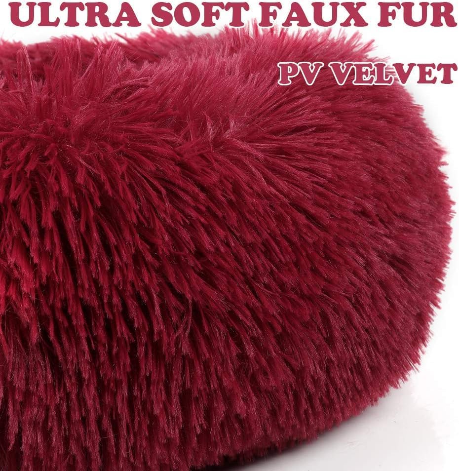 Anti Anxiety Round Fluffy Plush Faux Fur Warm Washable Dog Bed & Cat Bed, Original Bed for Small Medium Large Pets, Red