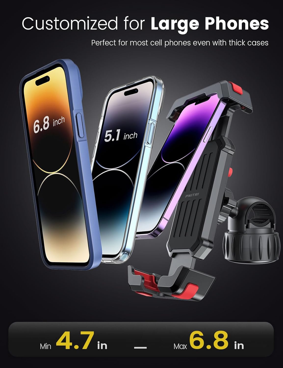 New Upgraded Bike Phone Holder Handlebar - Quick Install, Motorcycle Phone Mount, Bicycle Phone Holder fit Large Phone Case for iPhone Samsung,Black