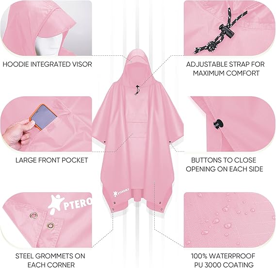 Hooded Rain Poncho for Adult with Pocket, Waterproof Lightweight Unisex Raincoat for Hiking Camping Emergency ,Pink
