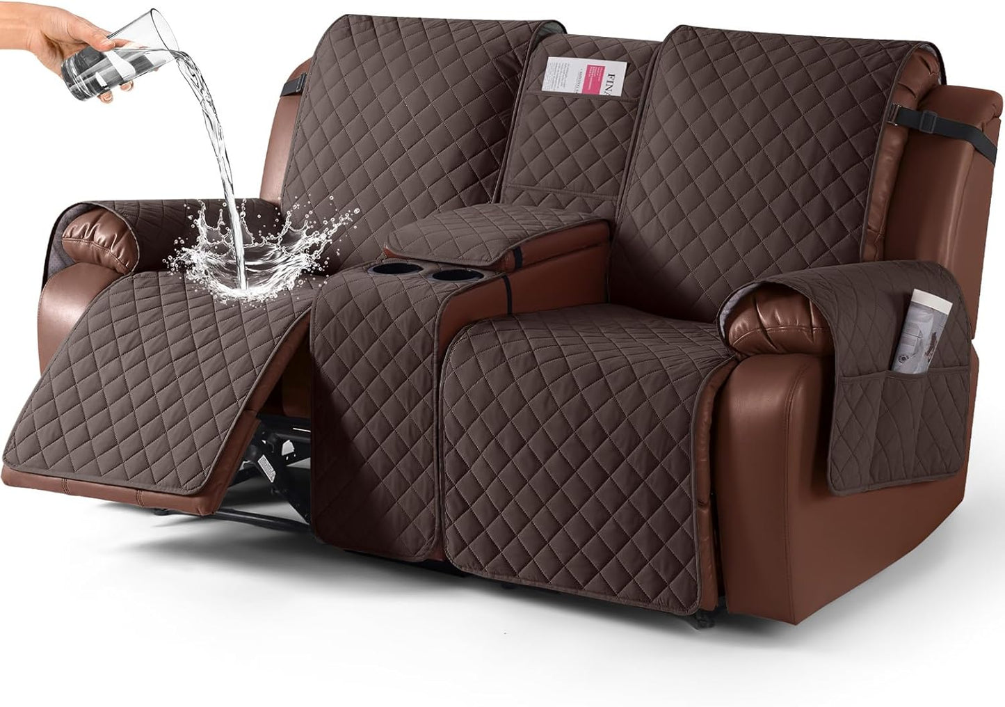 100%Waterproof  with Console, Non-Slip Reclining Couch Covers for 2 Seat, Recliner Sofa Cover Furniture Protector with Elastic Straps for Kids, Pets,Brown