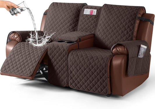 100%Waterproof with Console, Non-Slip Reclining Couch Covers for 2 Seat, Recliner Sofa Cover Furniture Protector with Elastic Straps for Kids, Pets,Brown