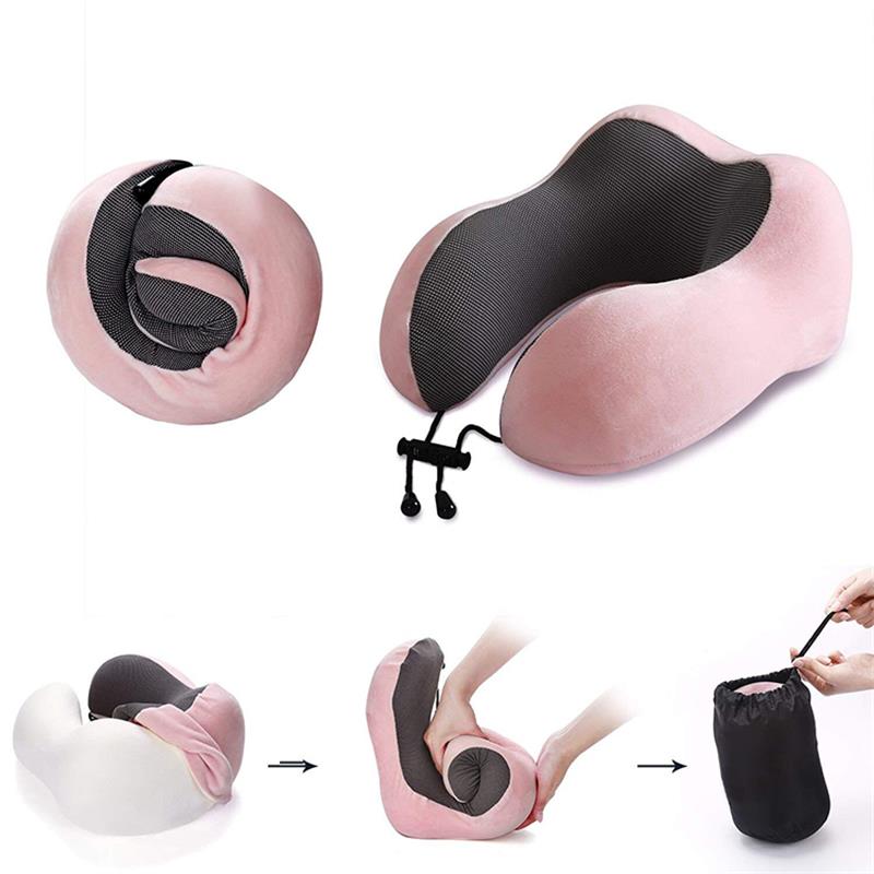 Travel Pillow 100% Pure Memory Foam Neck Pillow, Warm Velvet Cover - Machine Washable, Airplane Travel Kit with 3D Sleep Mask, Earplugs, and Luxury Bag,Pink