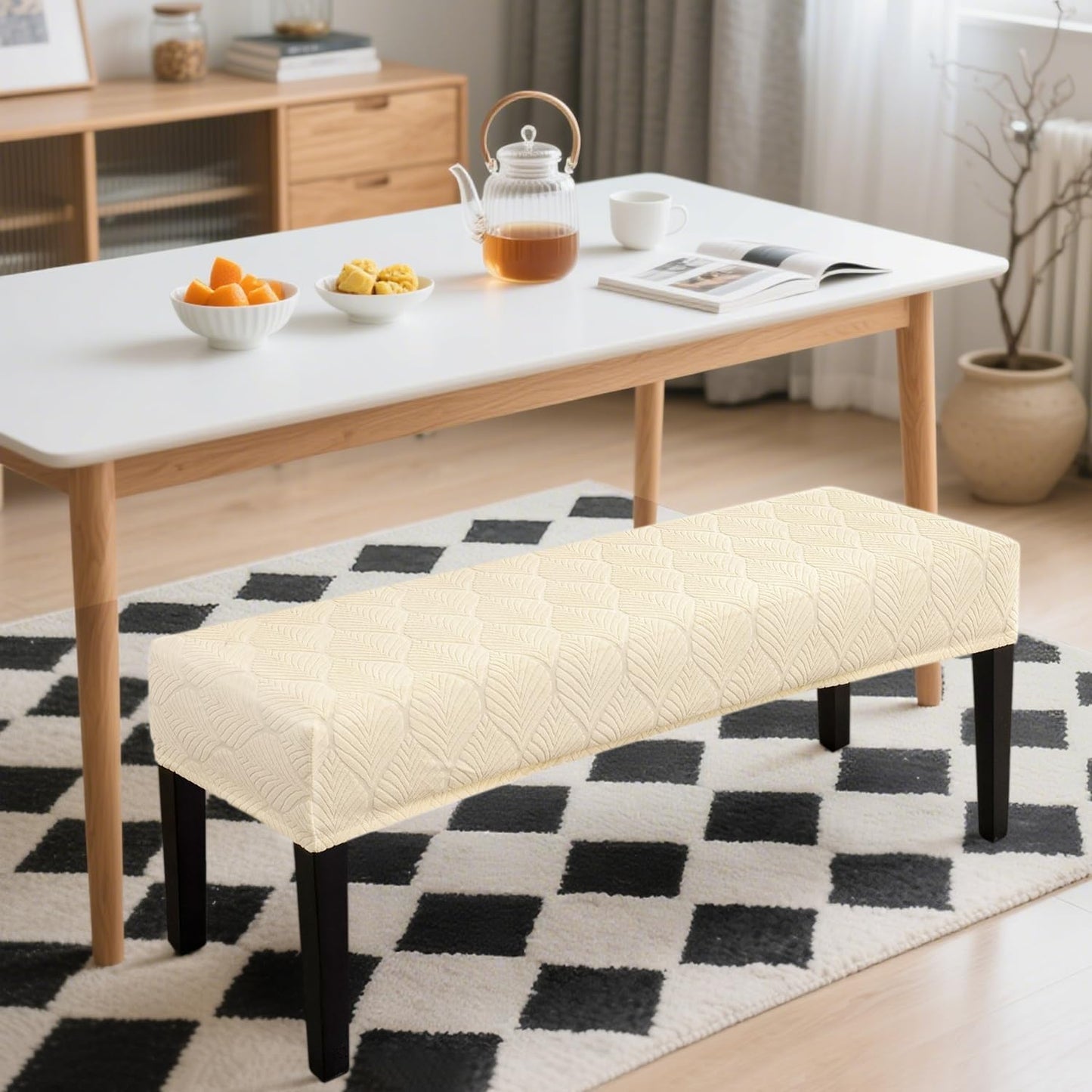 Dining Bench Cover Waterproof, Washable Long Bench Covers Slipcover, Stretch Rectangle Bench Seat Covers for Living Rooms, Bedroom, Kitchen, Piano Bench Cover, Beige