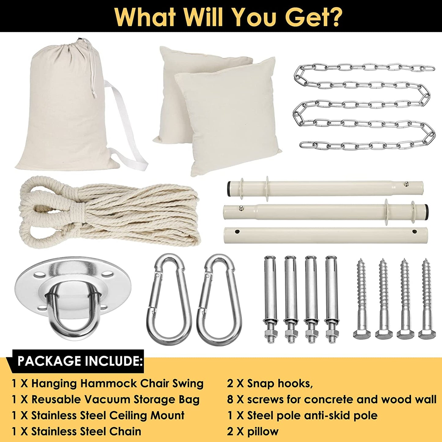 Hammock Chair Hanging Rope Swing, Large Hanging Chair with Pocket and tassels,Cushions for Superior Comfort, with Hardware Kit (Beige)