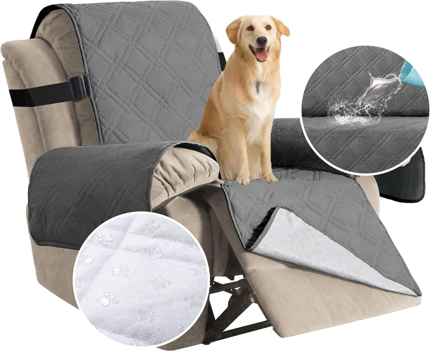 100% Waterproof ,Non-Slip Reclining Cover for Recliner Chair Washable Chair Cover Furniture Protector with Elastic Straps for pet ,kid ,Grey