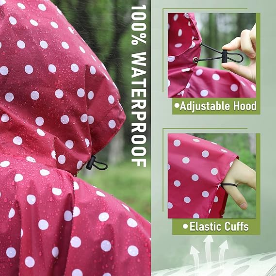 Unisex Rain Poncho Raincoat Hooded with Pockets&ZIpper ,Fashion,Beautiful, Durable, Lightweight,(Red Dot)