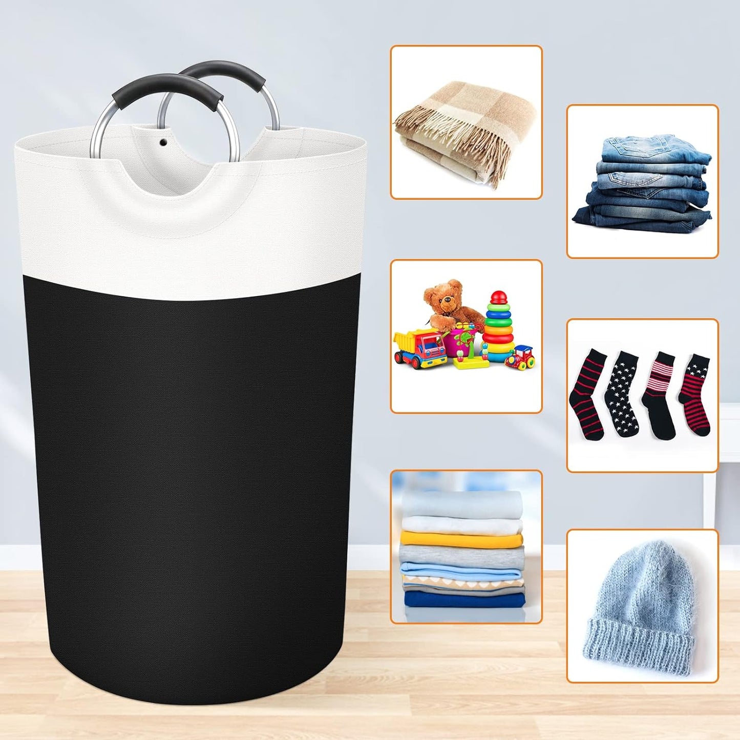 Large Laundry Basket Collapsible Tall With Handles Waterproof Travel Bathroom Essentials Storage For Dorm, Family (Black),90L