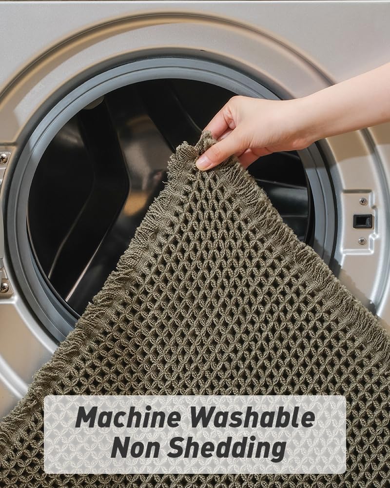 Waffle Bath Mat, Super Absorbent Non Slip Bath Mats for Bathroom Floor, Machine Washable Bathroom Rugs with Tassels,Ultra Soft,Olive
