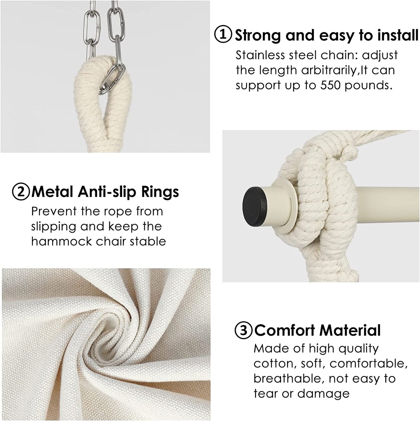 Hammock Chair Hanging Rope Swing, Large Hanging Chair with Pocket and tassels,Cushions for Superior Comfort, with Hardware Kit (Beige)